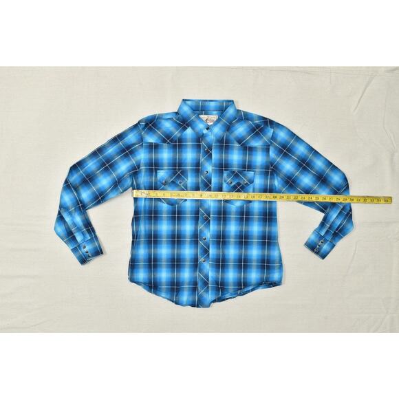 Women's Wrangler Button Tops Size L Long Sleeve Western Plaid Blue Pearl Snap - Picture 2 of 8